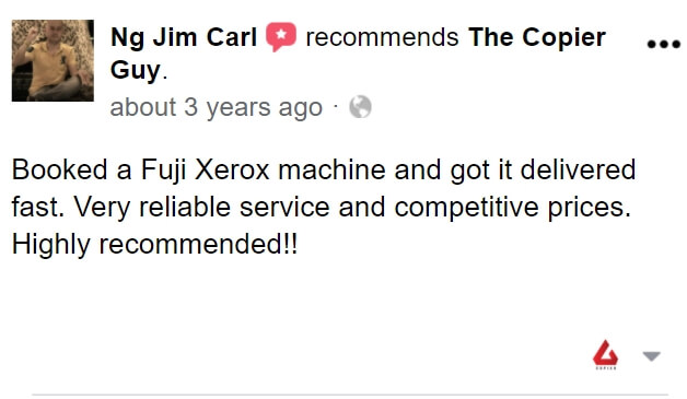 Facebook Review from a client who booked a fuji xerox machine from The Copier Guy